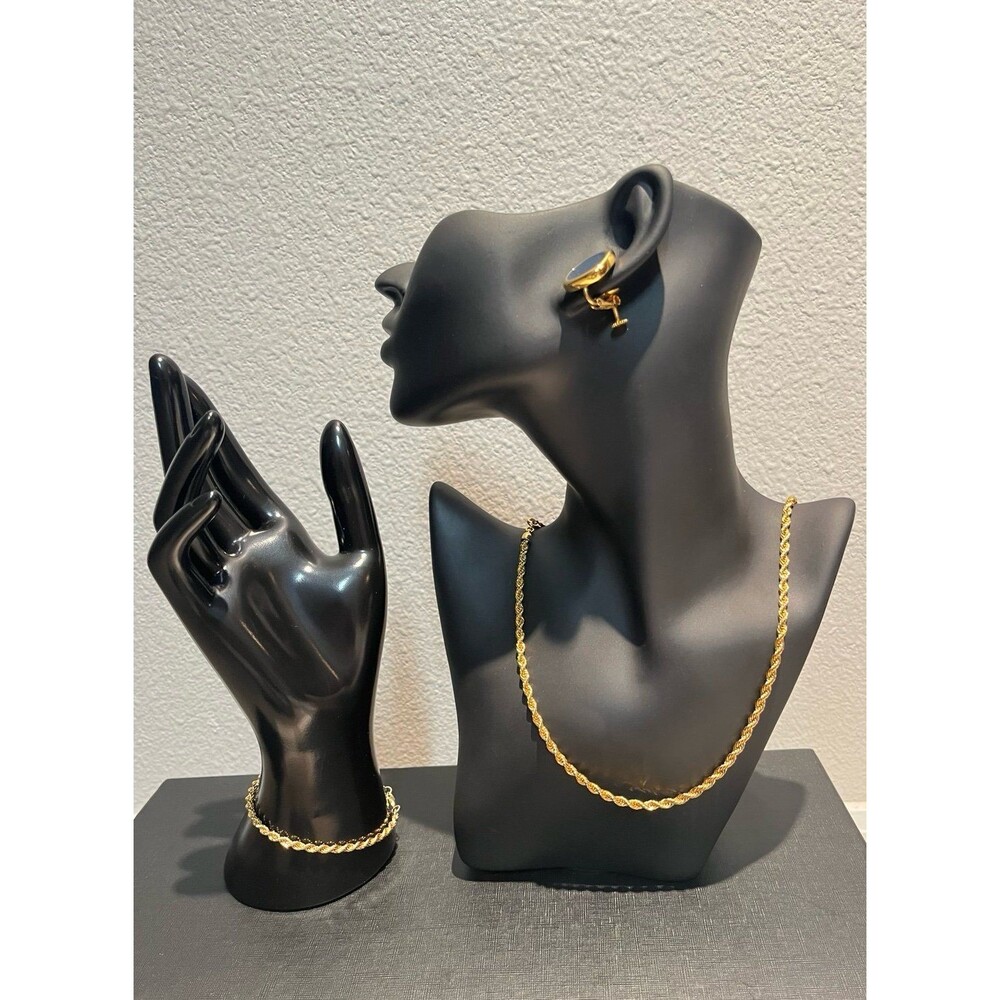 Vintage Monet Napier Gold Rope Chain Bracelet Black Clip Earrings Set